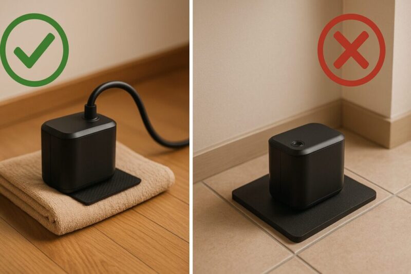 左：厚手タオル＋防振マットの良い例、右：角・硬い床に直置きの悪い例イメージ