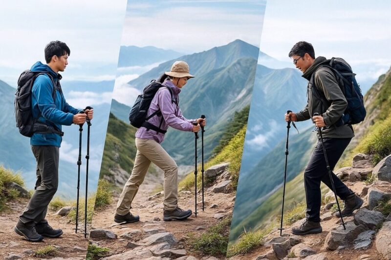 平地・登り・下りでトレッキングポールの長さを変えて歩く日本人ハイカー3人の比較写真。