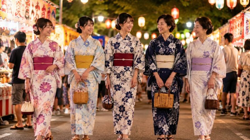 年齢に合う浴衣を着た大人女性たちが夏祭りを楽しむ様子