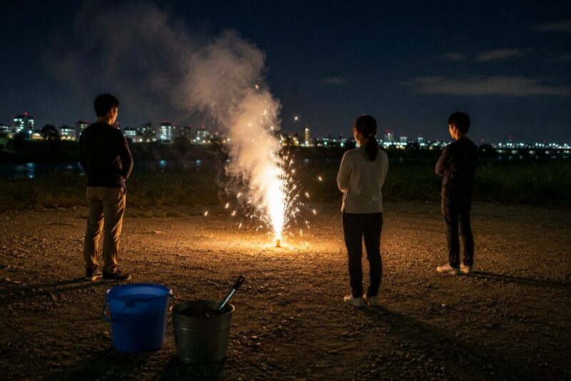 広い屋外で距離をとり噴出花火を安全に楽しむ様子