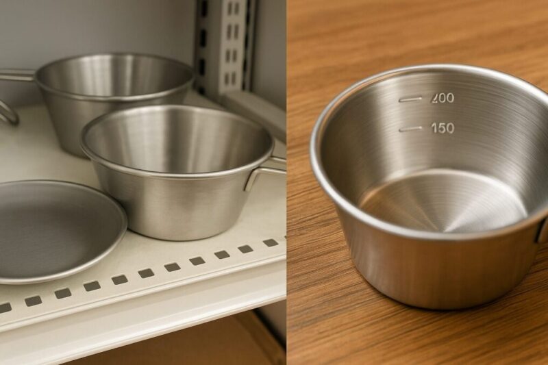 店の棚に置かれた廉価なシェラカップと、木製テーブル上のメモリが見やすいカップを並べて撮影し、リムの仕上げ・厚み・刻印の違いを比較して示す写真。