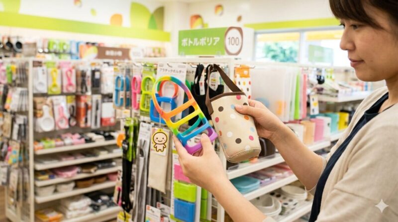 店内で2種類のボトルホルダーを見比べる女性