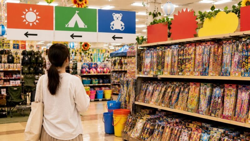 店内で花火の売り場を探す様子