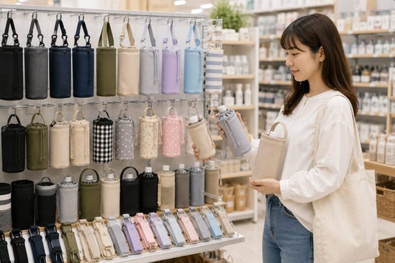 店内の売り場で色や形が違うペットボトルホルダーを手に取って比較する様子