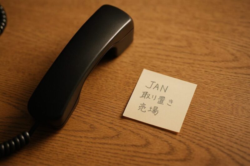 店舗電話の受話器とメモのみを木目デスクに俯瞰配置イメージ