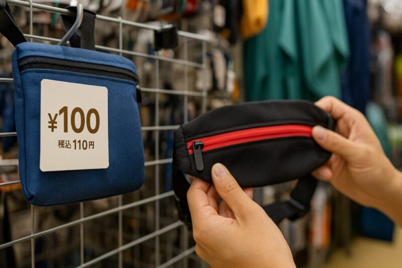 店頭ラックで日本人の手が黒い小型ポーチを手に取り、隣に100円表示の青いミニポーチが掛かっている様子を撮影した写真。