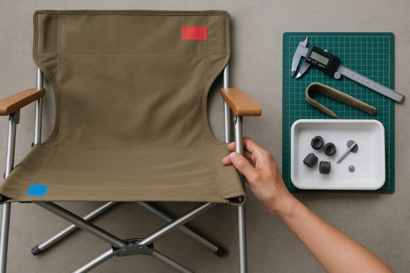 座面のたわみ・脚キャップ摩耗・リベット抜けを確認するチェア修理のセルフチェック場面