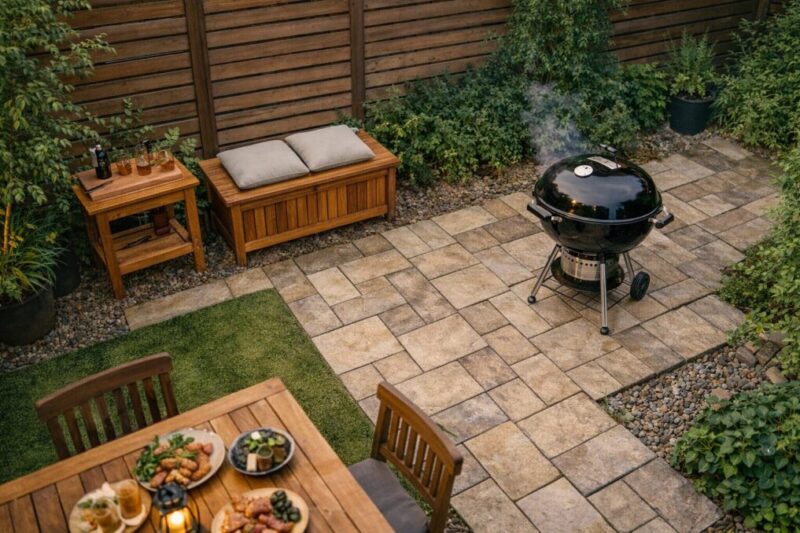 庭バーベキュー向けに整えた動線と設備の分かる全体レイアウト