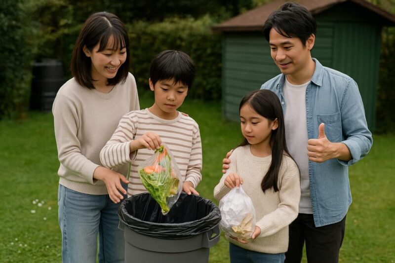 庭先でフタ付きゴミ箱に生ごみを片付ける日本人家族の写真。生ごみやコンポストのニオイ管理でクマを寄せ付けない生活習慣をイメージした一枚。