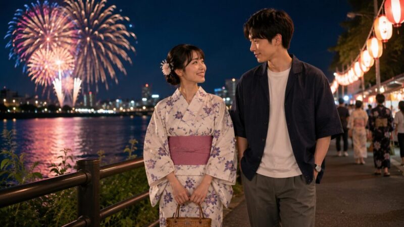 彼女だけ浴衣の場合でもカップルで自然に見える夏祭りコーデのイメージ