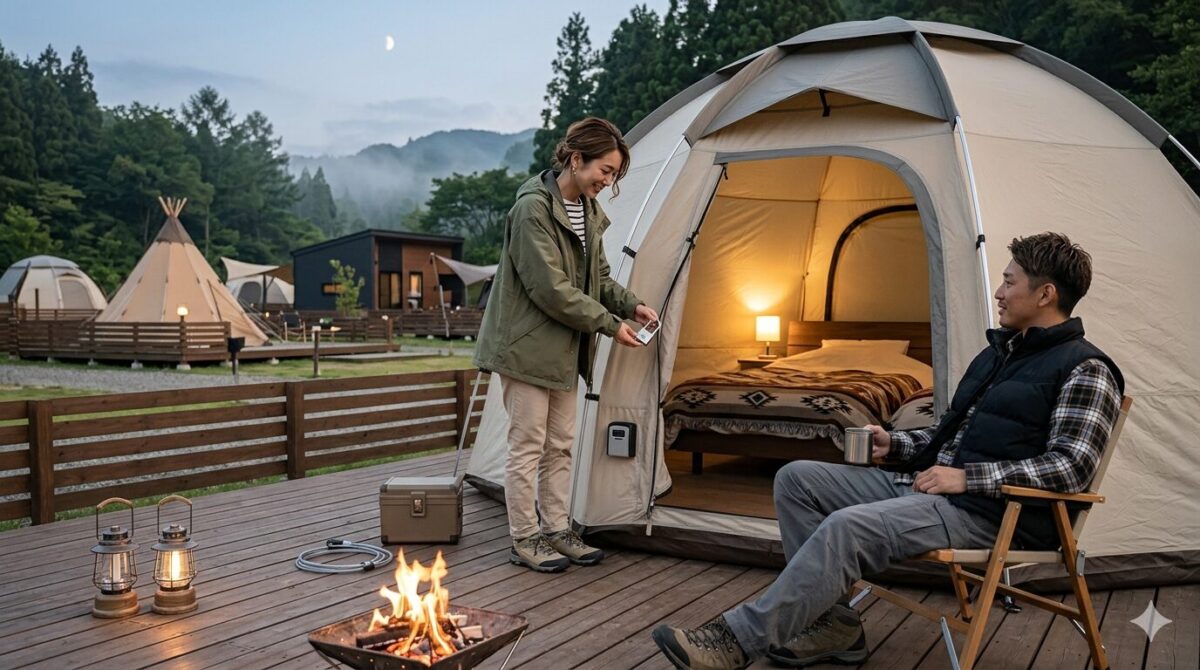 快適で実用的な外遊びコーデと、視線や盗難対策まで配慮された居心地の良いグランピングの雰囲気