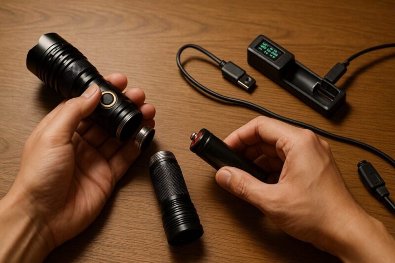 懐中電灯の電池や充電状態を点検する手元。
