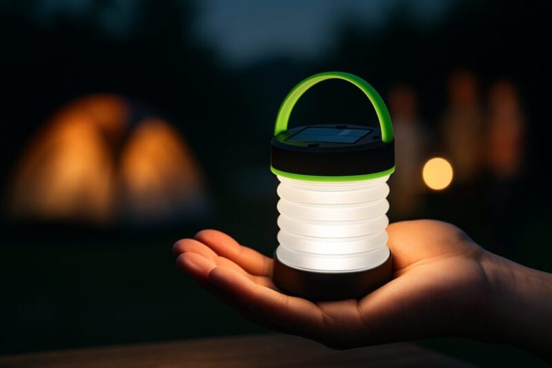手のひらに収まる軽量のソーラーLEDランタンが昼白色で点灯し、キャンプの夜に携帯性を示しているイメージ