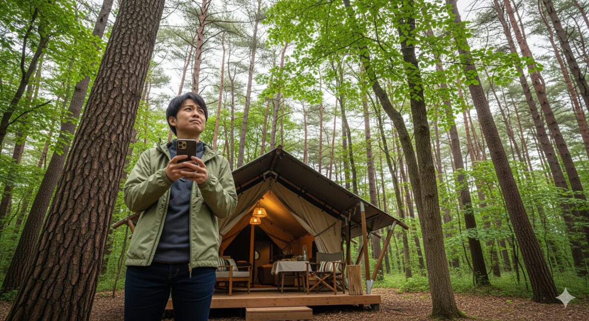 手元のスマートフォンから目を上げ、どこか落ち着かない様子で周囲の自然を見渡す人物。