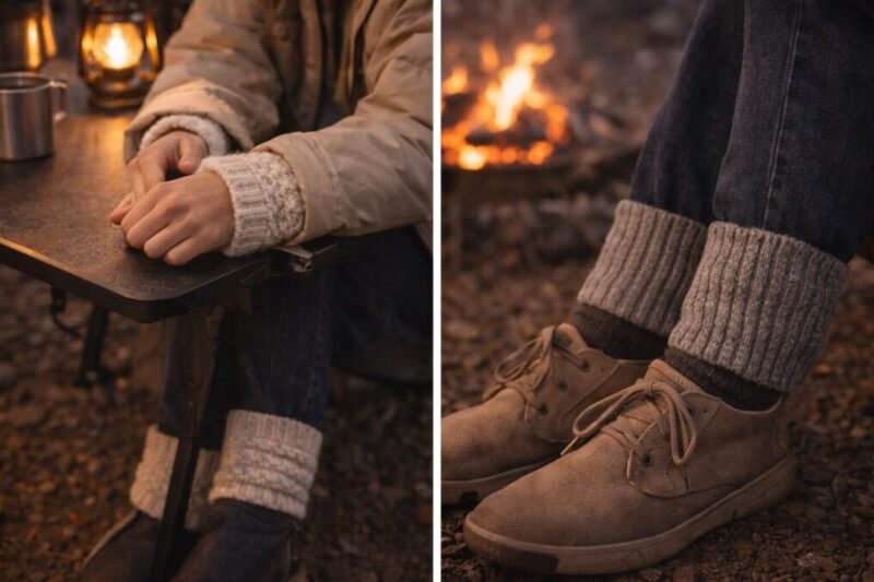 手首と足首の境目を防寒して体感を上げるアウトドアの着用イメージ