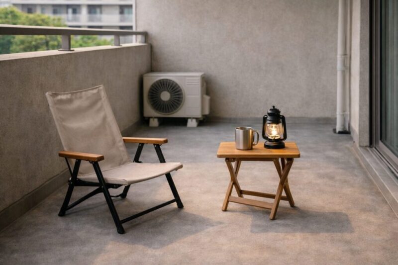 折りたたみチェアと小さなテーブル、ランタンとマグだけで整えた団地ベランダのミニマルなベランピング空間