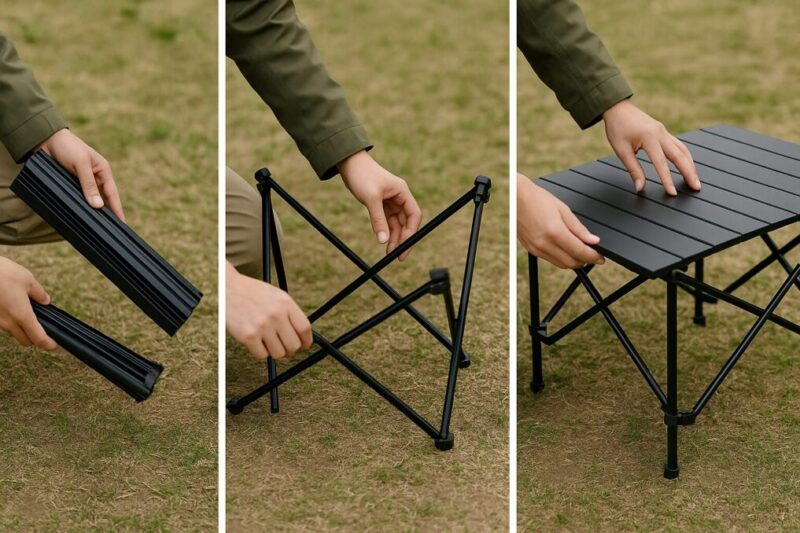 折りたたみテーブルの組み立て手順を示す3カット。天板スラットの準備、脚の展開、天板を平行に押し込む様子。