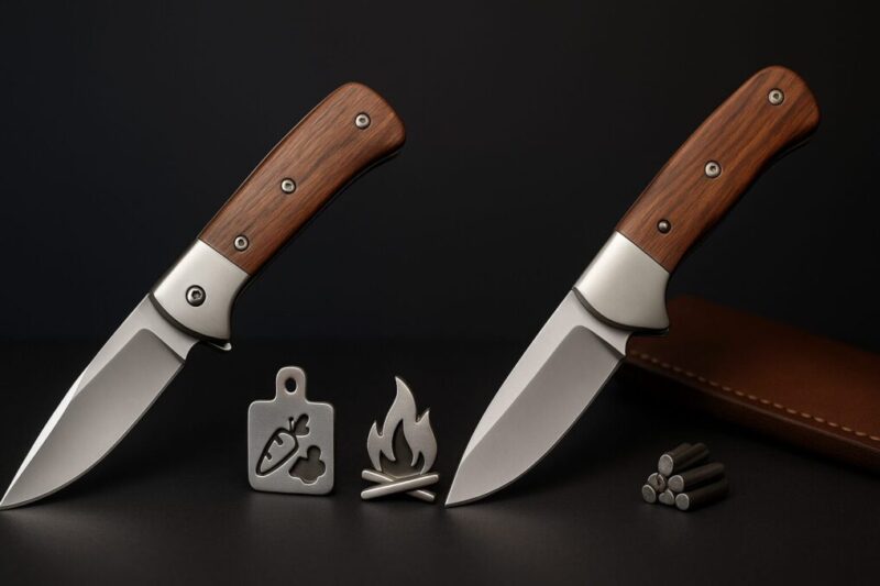 折りたたみナイフと固定刃シースナイフを同一背景で並べ、その間に料理と焚き木を示す金属アイコンを置いた用途比較の静物写真