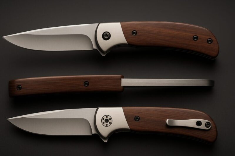 折りたたみナイフを側面・背・ロック部の三方向から同光源で撮影し、仕上げと機構をわかりやすく示した静物写真