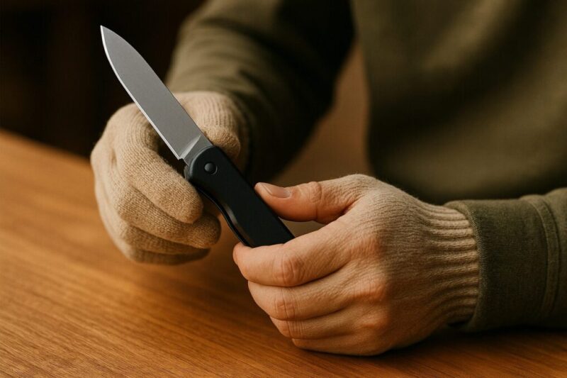 折りたたみナイフを安全に開閉してロック確認をする手元のイメージ