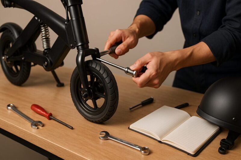 折りたたみ式の小径電動バイクで、ヒンジ部を日本人の手がトルクレンチで締め付けている作業風景イメージ