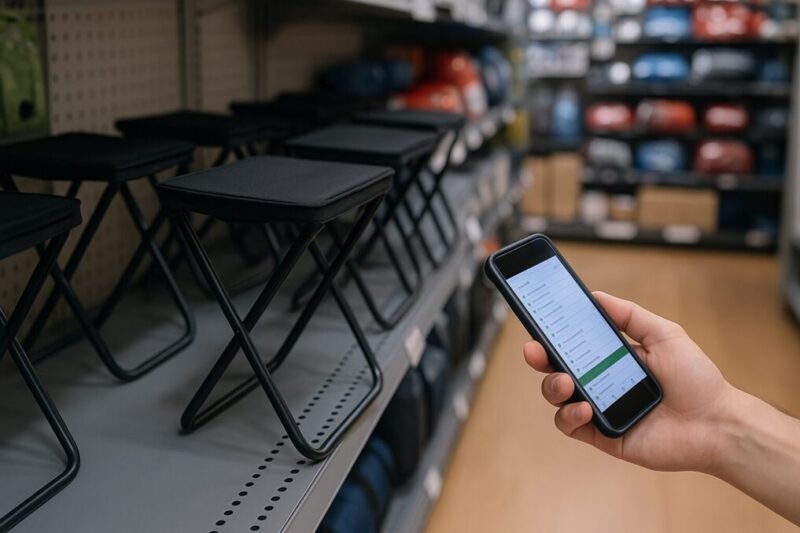 折りたたみ椅子の店頭在庫をスマホで確認するイメージ
