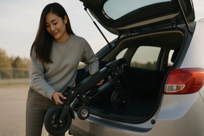 折りたたみ電動バイクを車のトランクへ収納している様子イメージ