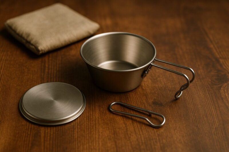 折り畳み取っ手のヒンジが見えるシェラカップと薄型フタ、収納用ポーチを木製テーブルに並べた写真。