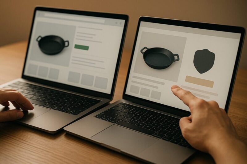 抽象化したEC画面を2台のノートPCで比較し、正規ルートの見分け方と購入のコツを示すイメージ。