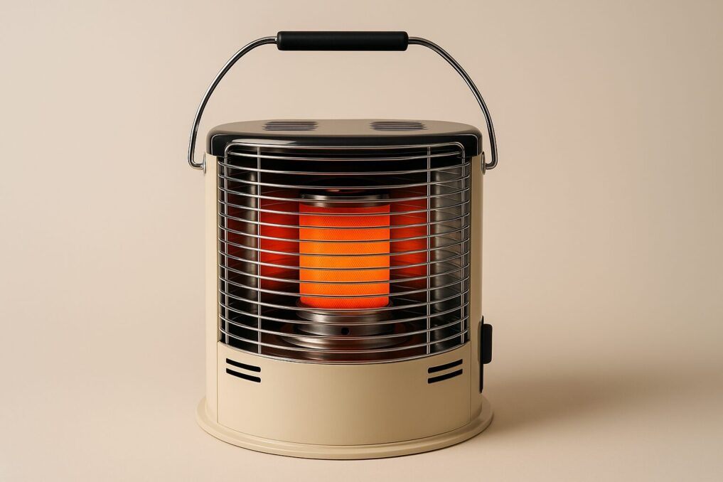 持ち手付きのコンパクトなカセットガスストーブ（デカ暖II風）を、室内の柔らかな光で正面から撮影したイメージ