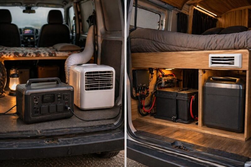 持ち運び電源と常設サブバッテリーの違いがひと目でわかる比較イメージ