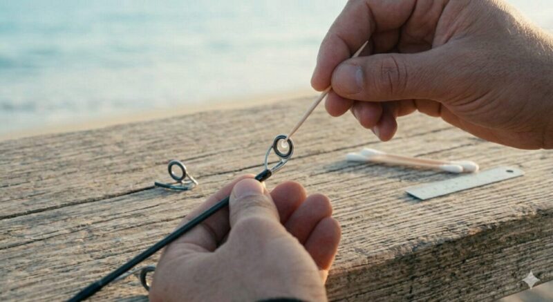 掃除された竿先を持つ手と、新しい小さなトップガイドに2液性エポキシ接着剤を爪楊枝で塗布している別の手を捉えた接写写真。