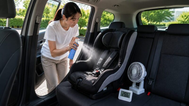 換気した車内でチャイルドシートへ冷却スプレーを使い送風と温度確認を行う様子