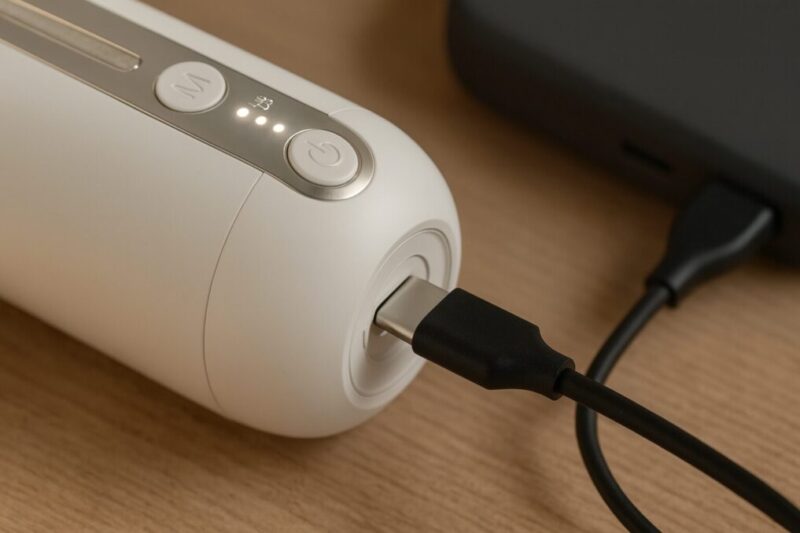 携帯ウォシュレットのUSB-C充電端子にケーブルを接続し、モバイルバッテリーから充電する様子の接写。