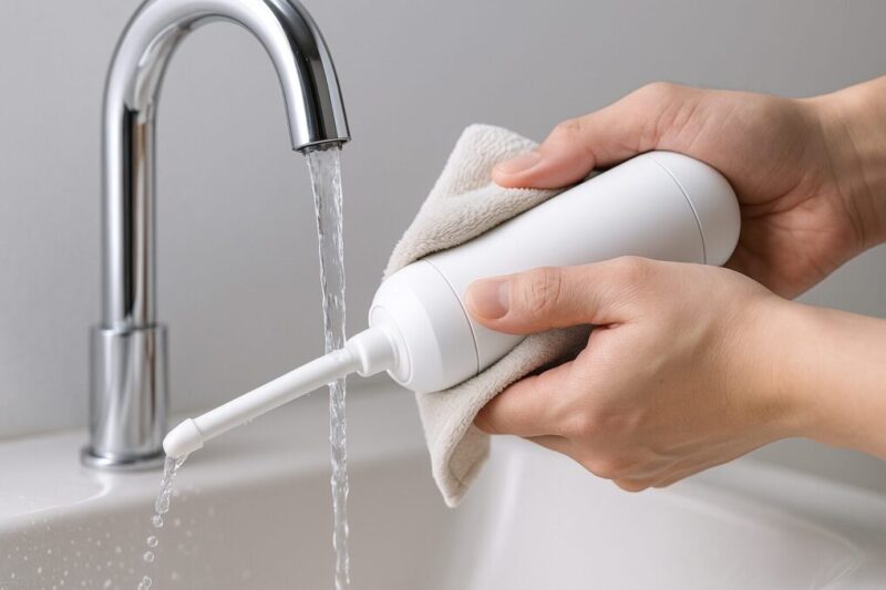 携帯ウォシュレットのノズルを流水で洗い、布で拭き上げる防水メンテナンスの様子。