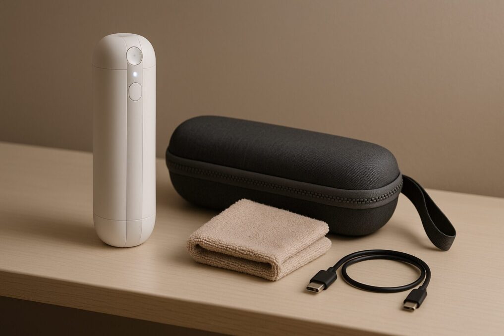 携帯ウォシュレット本体と専用ケース、USB-Cケーブル、タオルを洗面棚に並べた静物写真。