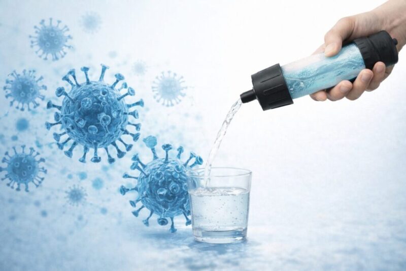 携帯浄水器と微粒子イメージを並べ、除去対象の違いを確認するための比較ビジュアル