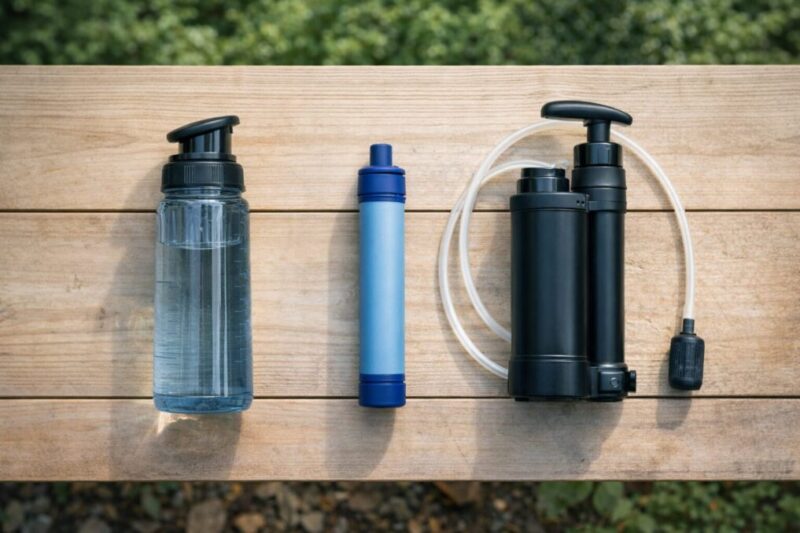 携帯浄水器のボトル型・ストロー型・ポンプ型を並べて違いを比較するイメージ