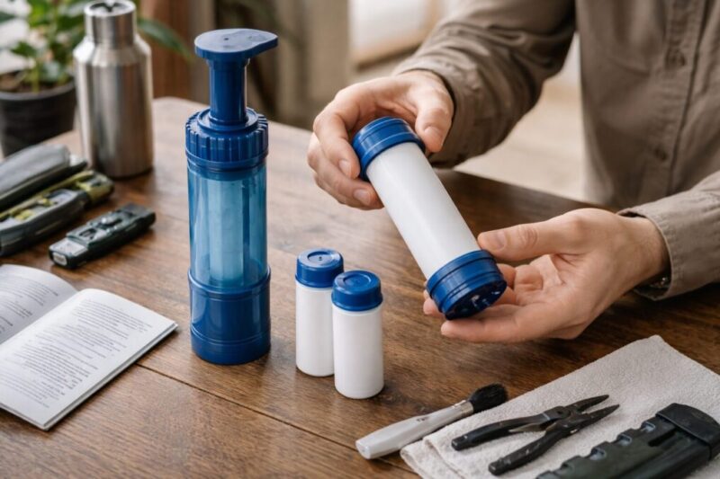 携帯浄水器の交換カートリッジを付け替えてメンテナンスしている様子