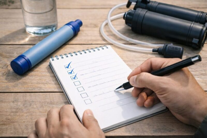 携帯浄水器の方式や流量などのポイントを、手元でチェックしながら比較しているイメージ