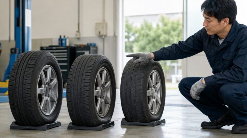 整備スペースで正常なタイヤと劣化したタイヤを比較する様子