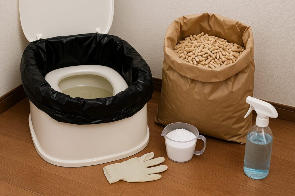 断水時の簡易トイレ準備。黒い二重袋を掛けた便器と、木質ペレットの猫砂・重曹・手袋・消毒液のセット。