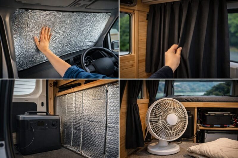 断熱材や遮光カーテン、送風機を使って車内の暑さ対策をしているイメージ
