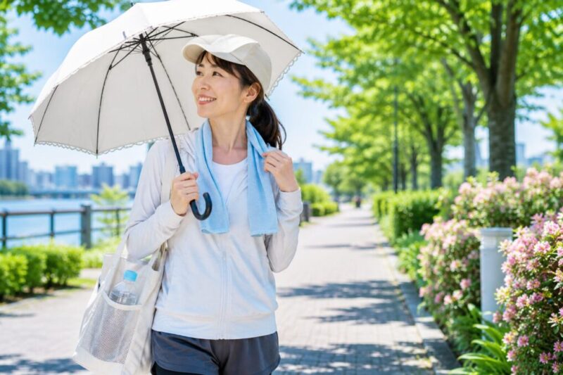 日傘や帽子や冷感タオルで暑さ対策をしながら歩く人たち
