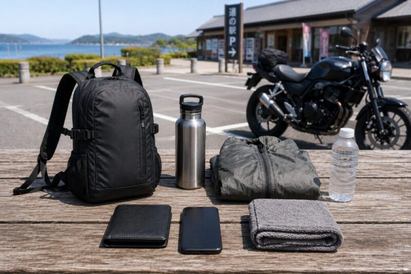 日帰りツーリングに使いやすい小さめリュックと水筒、財布、スマホ、レインウェア、飲み物、タオルを休憩所で並べた様子