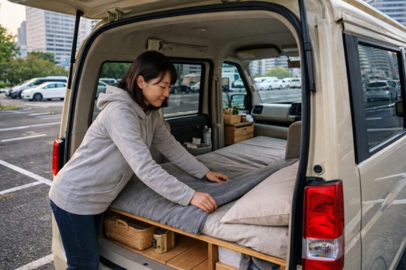 日常使いしやすい軽自動車で、女性が車中泊準備をしているイメージ