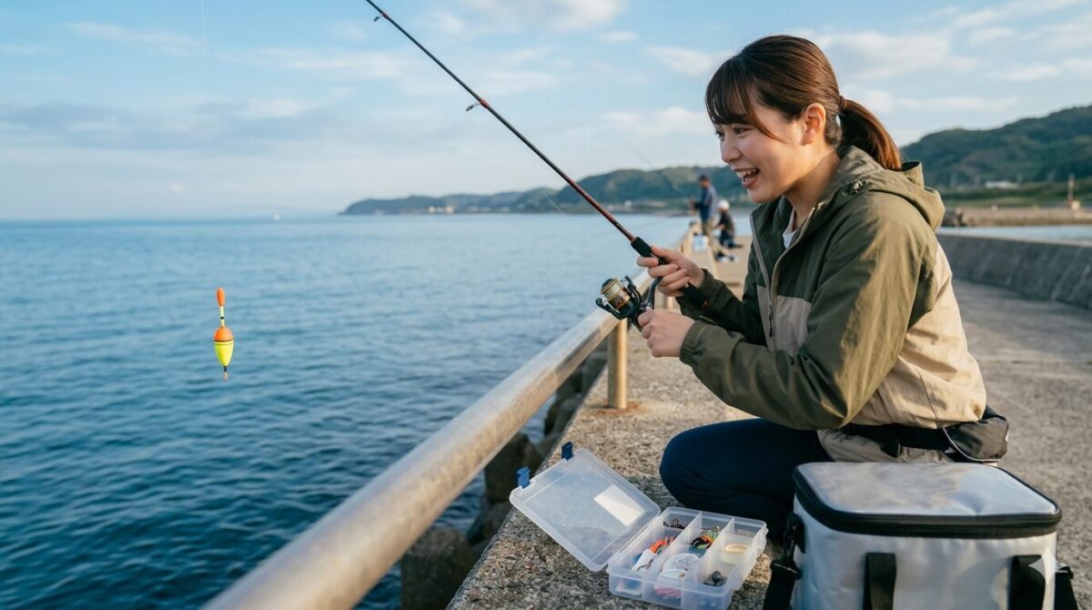 日本の堤防で、日本人の女性が釣りを楽しんでいる様子。ウキ、オモリ、替え針などの周辺小物が並んでいる。