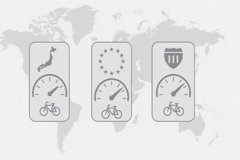 日本・EU・USの速度上限の違いを、世界地図上の3つのスピードメーターアイコンで表現したシンプル図版