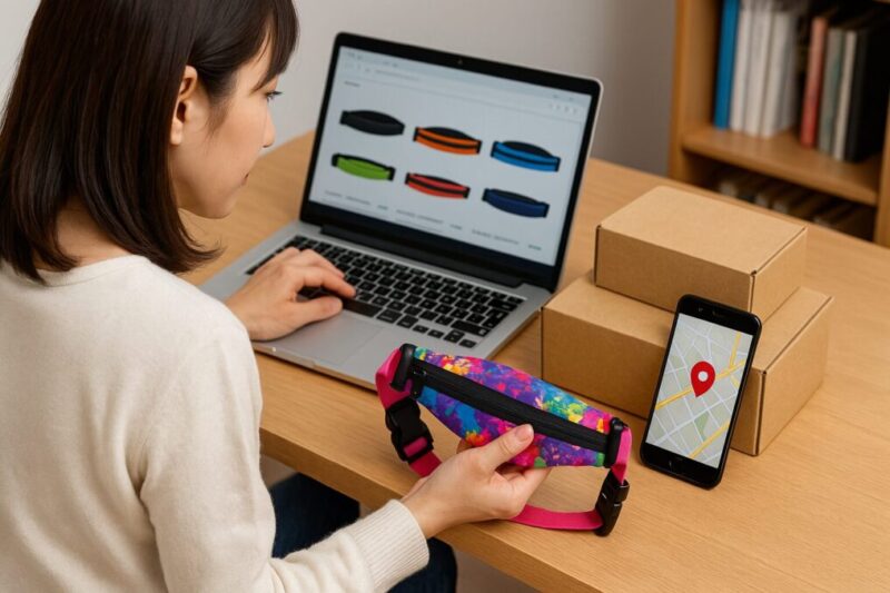 日本人女性が色とりどりのウエストポーチを手にし、PCでカラー一覧を見ながらスマホの地図で取扱店を確認している様子の写真。