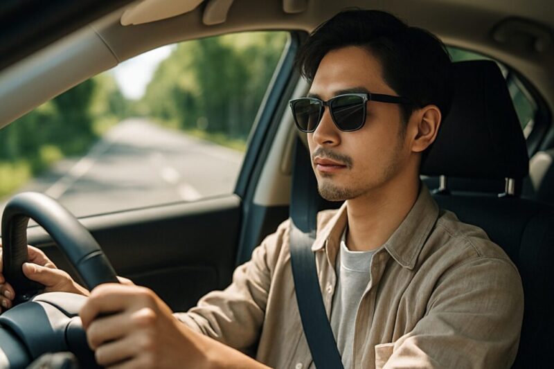 日本人男性が汎用黒フレームの偏光サングラスを着用して運転イメージ